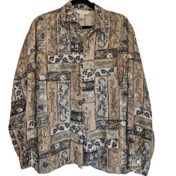 Casual Corner Tops - Casual Corner 100% Silk Floral Patchwork Vibe Blouse Size L Brown/Blue/Green